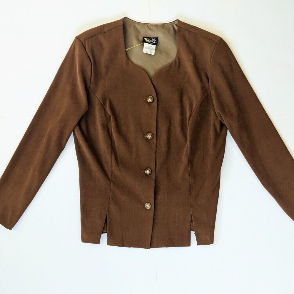 Helene Blake Women's Jacket Size 16 Petite Brown Button Up Polyester Spandex